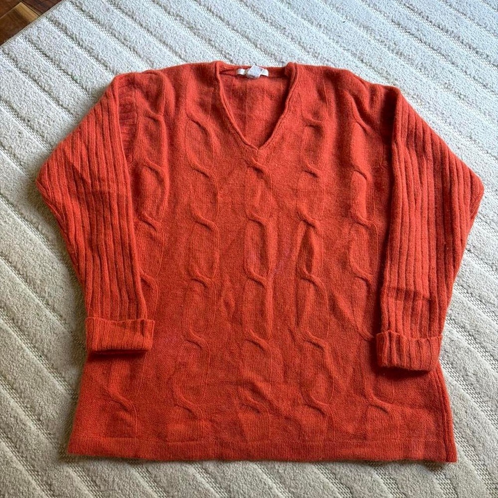 The Limited Womens Orange Lambswool Angora V-Neck Cable Knit Tunic Sweater Sz L